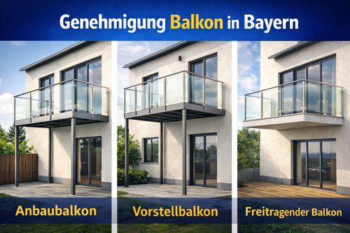 Drei Balkonarten in Bayern: Anbaubalkon mit zwei Stützen, Vorstellbalkon mit eigener Tragkonstruktion und freitragender Balkon ohne Stützen