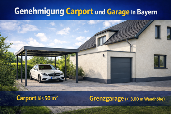 Moderner Carport und Grenzgarage an einem Einfamilienhaus in Bayern als Beispiel für verfahrensfreie Garagen nach Art. 57 BayBO