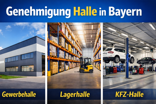 Moderne Gewerbehalle, Lagerhalle mit Regalsystem und KFZ-Halle mit Hebebühnen als Beispiele genehmigungspflichtiger Hallen in Bayern